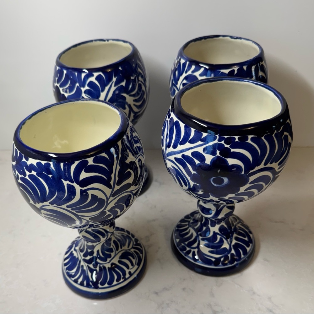 Blue & White Handpainted Talavera Mexican Pottery Wine Cups/Goblets Set of Four